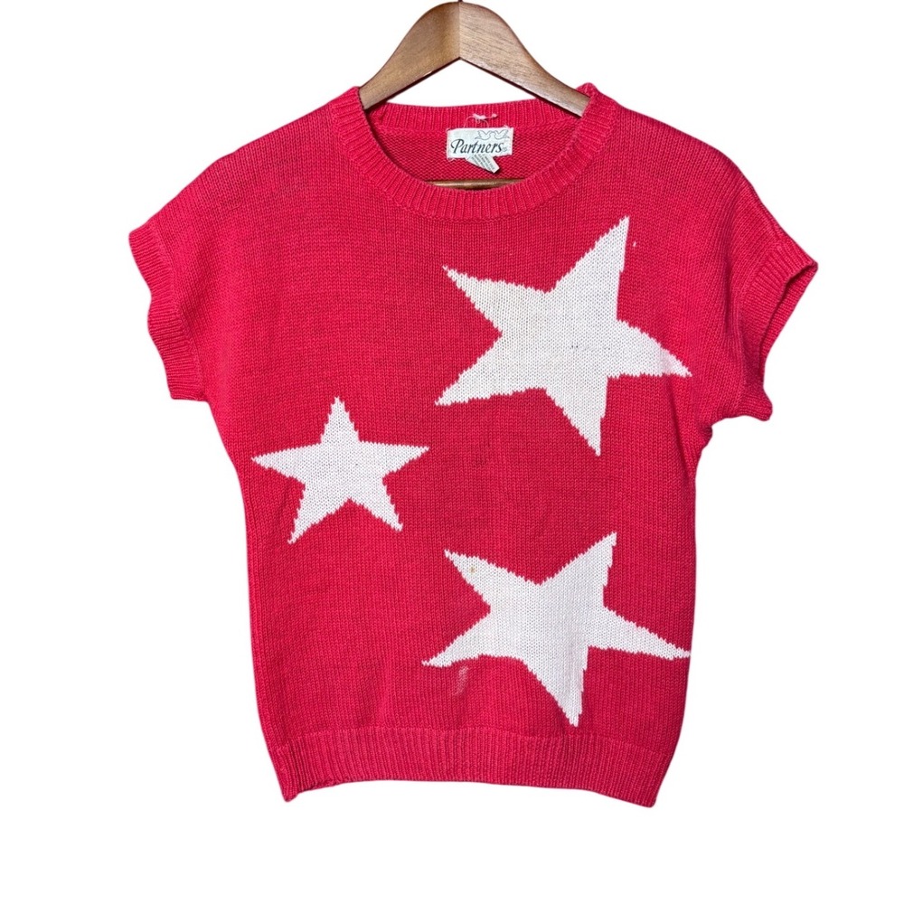VTG Partners Women Small Red Star Intarsia Short Sleeve Sweater Shirt Americana‎